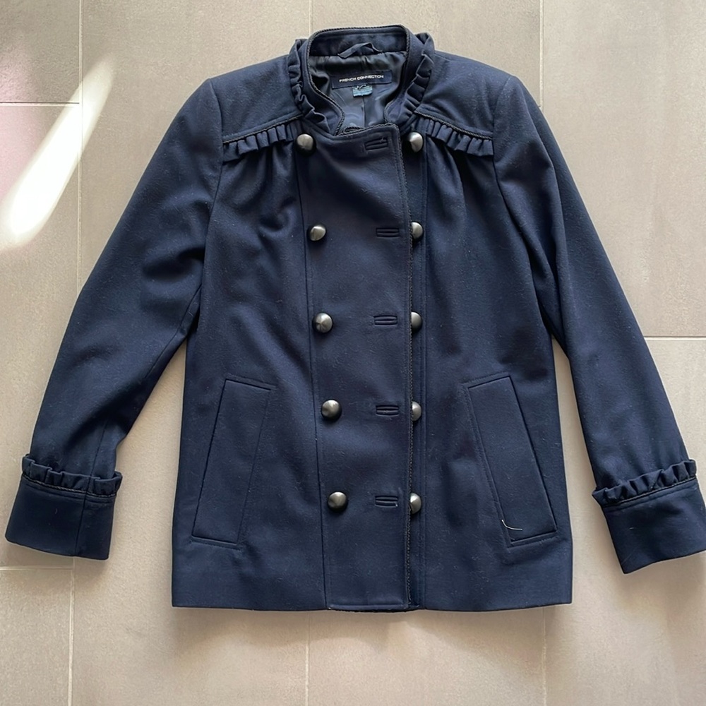 French Connection wool navy coat/jacket with black piping